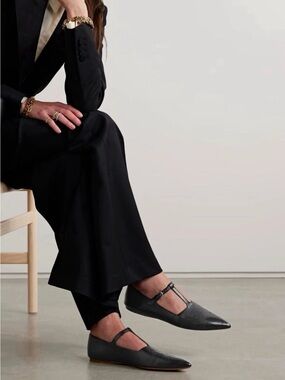 New-Gabriela Hearst Black Leather T-Strap Pointed Flats